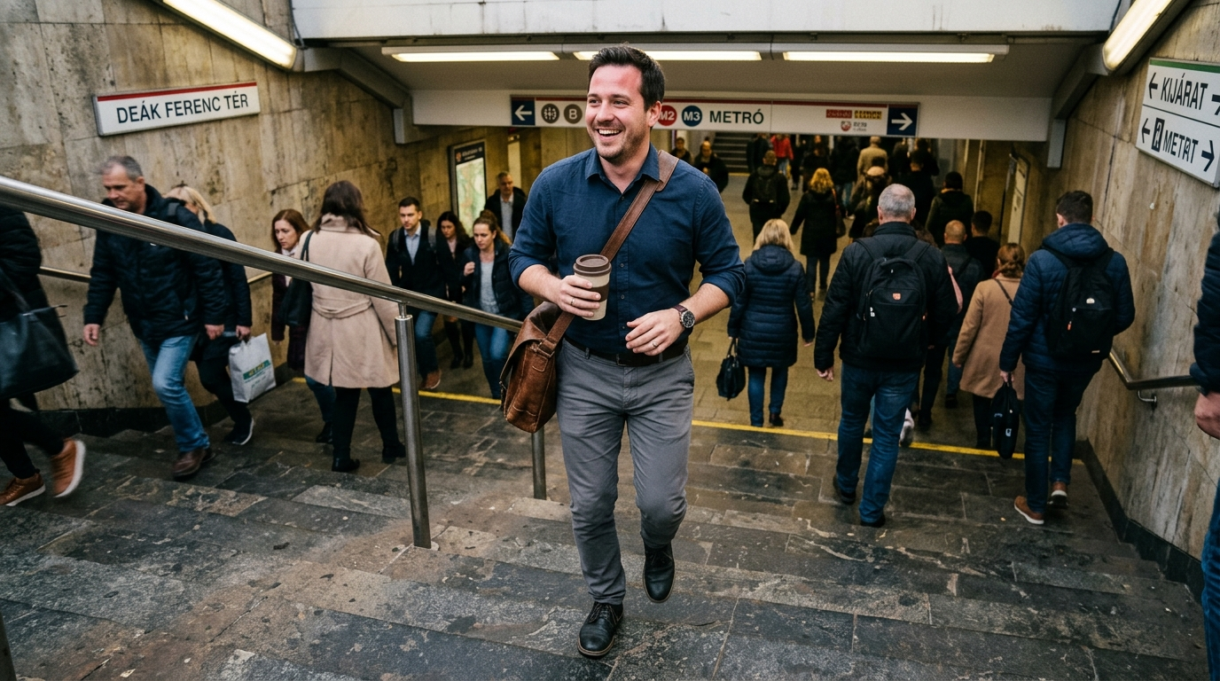 Magyar férfi lépcsőzik a budapesti metróban, mozgás mint mindennapos edzés