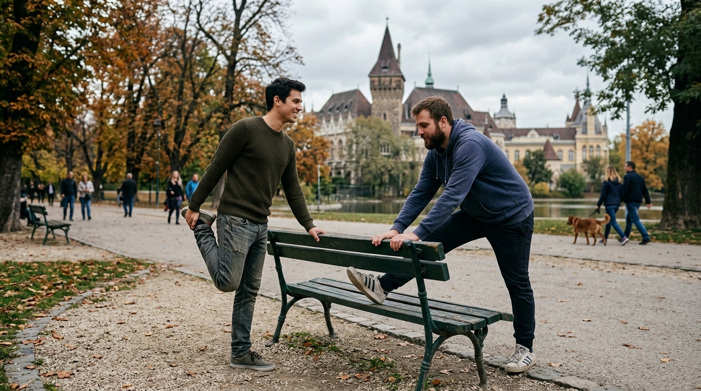 Budapest Városliget parkban két barát nyújtást végez egy padon, aktív városi életmód